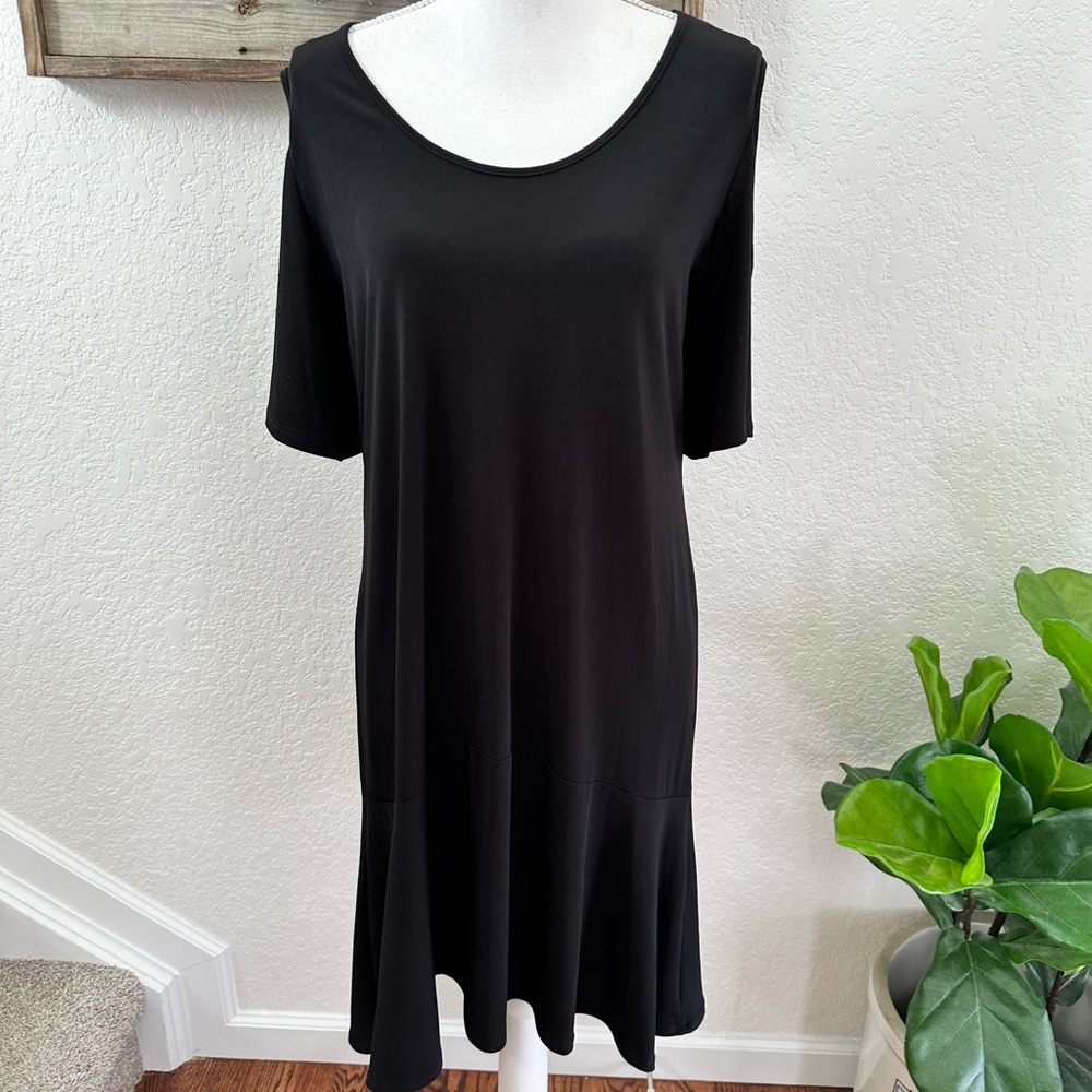 Clara Sun Woo black cold shoulder stretch knit tunic dress shadows Large